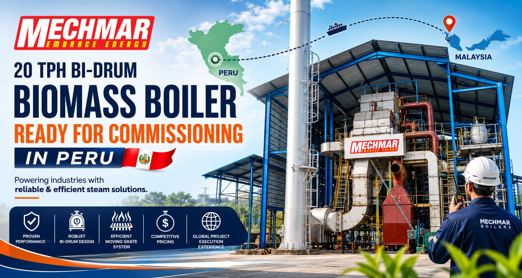 20 TPH Bi-Drum Biomass Boiler Successfully Installed and Ready for Commissioning in Peru